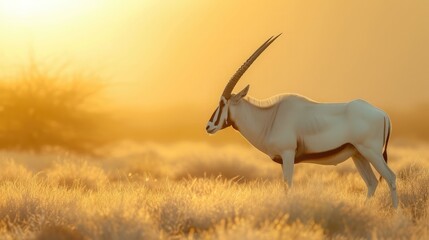 Arabian oryx or white oryx, Oryx leucoryx, antelope with a distinct shoulder bump, Evening light in nature