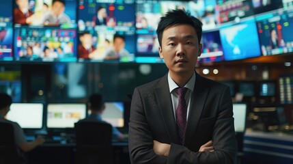 Asian announcer appearing on news program - obrazy, fototapety, plakaty