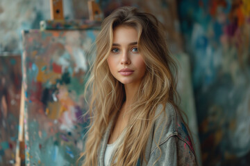 Naklejka premium blonde woman painting a picture in a studio with a palette Generative AI