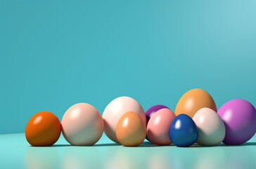  a row of colored eggs sitting in a row on a blue surface with a light blue back ground and a light blue back ground with a light blue back ground.
