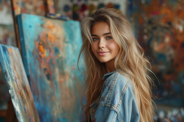 Fototapeta premium blonde woman painting a picture in a studio with a palette Generative AI