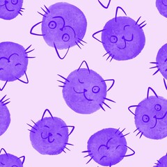 Cartoon watercolor paint spots and animals seamless cats pattern for wrapping paper and fabrics and linens
