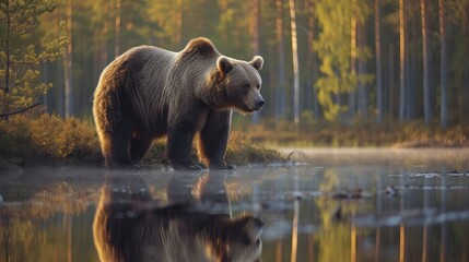 Big brown bear walking around lake in the morning light. Dangerous animal in the forest with reflection in the water