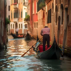 Foto op Plexiglas Traditional gondolas on a Venetian canal agondolier in striped shirt withancient buildings lining th Generative AI © Zazu