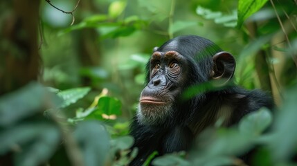 Obraz premium Chimpanzee in the forest. Chimp in the protected Kibale forest