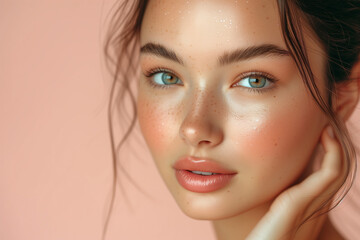 Beautiful young woman with clean perfect skin. Portrait of beauty model with natural nude make up and touching her face. Spa, skincare and wellness. Close up,