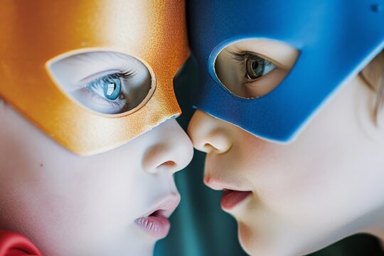 Two young figures, their faces concealed by masks, share a mysterious connection as they gaze upon each other with curious intensity