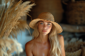 portrait photo of a beautiful tanned girl with nude makeup, blond hair who sits on with a straw hat on her head and a naked torso