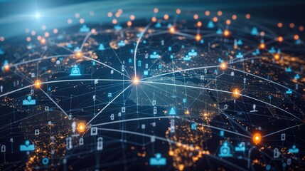 Communication technology with global internet network connected around the world. Telecommunication and data transfer international connection links. IoT, finance, business, blockchain, security.