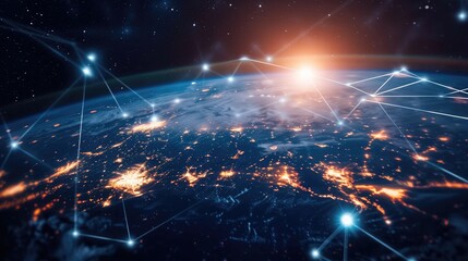 Fototapeta premium Communication technology with global internet network connected around the world. Telecommunication and data transfer international connection links. IoT, finance, business, blockchain, security.