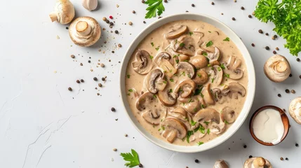 Poster Concept of tasty food with mushroom sauce on white background © buraratn