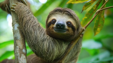 Fototapeta premium Cute sloth hanging on tree branch with funny face look, perfect portrait of wild animal in the Rainforest