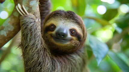 Fototapeta premium Cute sloth hanging on tree branch with funny face look, perfect portrait of wild animal in the Rainforest