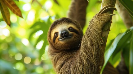 Fototapeta premium Cute sloth hanging on tree branch with funny face look, perfect portrait of wild animal in the Rainforest