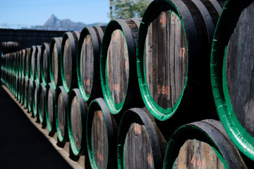 Old weathered wooden wine barrels stacked outdoors in the courtyard of a winery