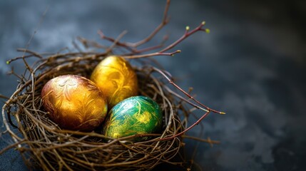Obraz premium three painted eggs in a bird's nest on top of a blue surface with a twig sticking out of the top of the nest and a twig sticking out of the top of the eggs.