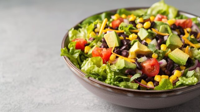  a salad with lettuce, tomatoes, black beans, avocado, corn, cheese and dressing in a bowl on a white table top with a gray surface.