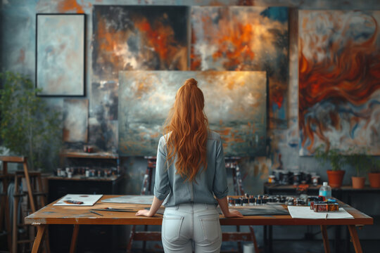 Portrait of a red-haired female artist sitting at her desk in her studio