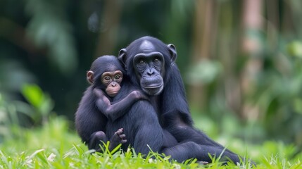 Female bonobo with a baby is sitting on the grass
