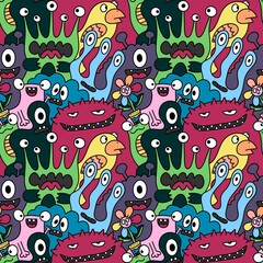 Cartoon monsters seamless funny aliens and rabbit and cactus and flower pattern for wrapping paper and linens