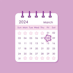 International Women's Day date highlighted on March 2024 calendar page, vector illustration