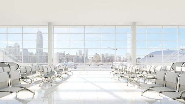 Animation of modern style empty airport terminal lounge with city view background 3d render, There are large window overlooking a plane taking off.