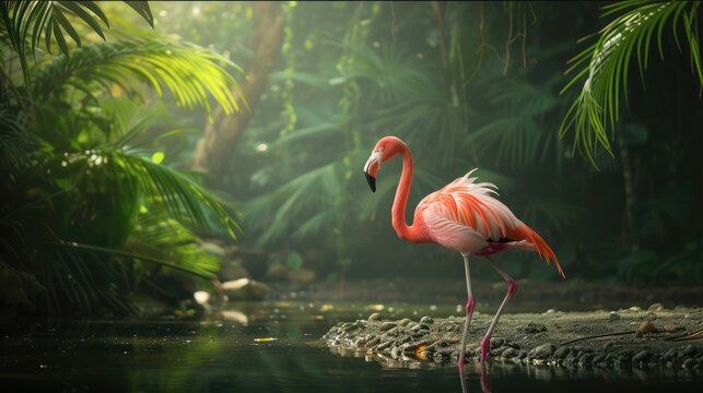 Migrating pink flamingo bird walking and looking away on rocky plain shore of green pond in lush green tropical forest on sunny day