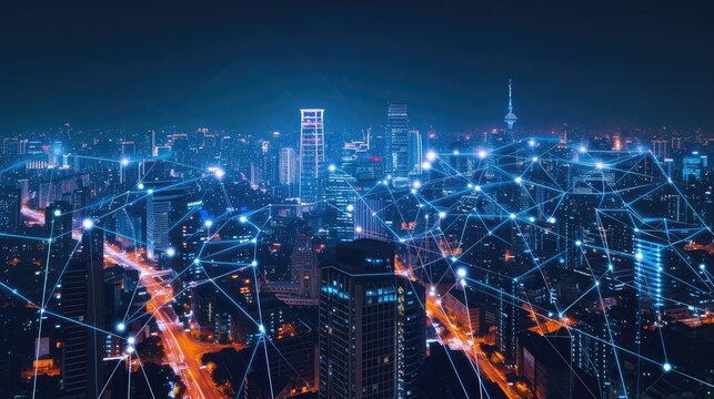 Modern city with wireless network connection and city scape concept.Wireless network and Connection technology concept