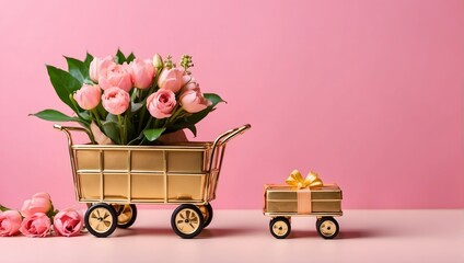 Bouquet of pink tulips in a golden cart on a pink background