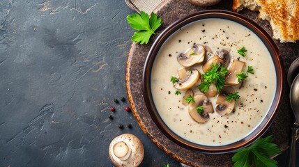 Mushroom cream soup. Soup in a bowl. Top view. Free space for your text. - obrazy, fototapety, plakaty