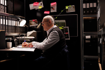 Elderly private detective writing criminal case report, working late at night at federal...