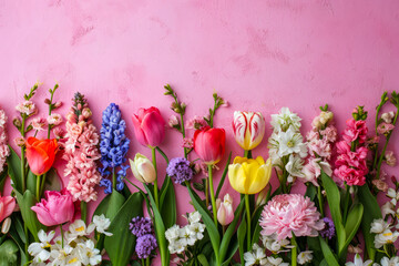 Colorful Flowers in a Row Against a Pink Wall