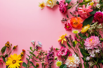 Colorful Bouquet of Flowers Arranged on a Pink Background