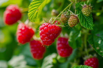 Lush Bush of Raspberries Bearing Multiple Ripe Fruits