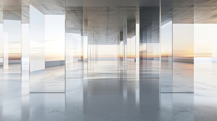  a room that has a lot of mirrors on the wall and a view of the ocean in the back ground and the sun setting on the horizon behind the wall.