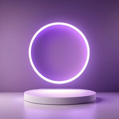 product display presentation. Futuristic scene. light indirect stage podium stand product display light purple led shine style minimal advertisement commercial circle