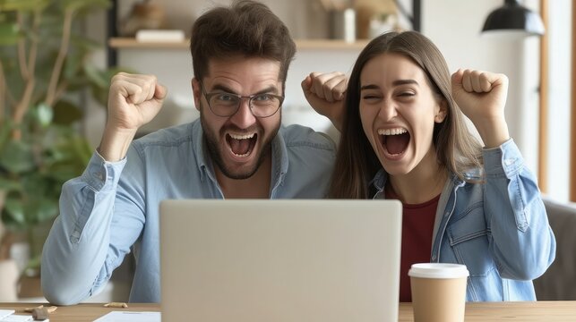Overjoyed millennial man and woman triumph win online lottery on laptop. Happy excited young Caucasian couple feel euphoric