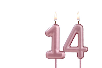 Candle number 14 - Lit birthday candle on white background