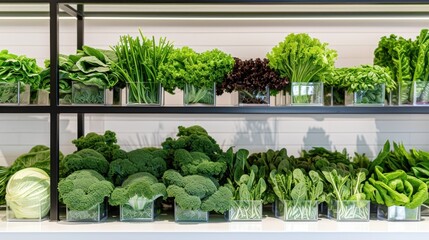  a display case filled with lots of different types of veggies in glass vases on top of a white counter next to each other vegtables. - obrazy, fototapety, plakaty