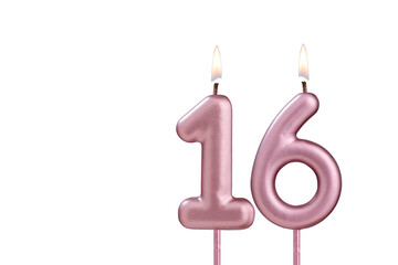 Candle number 16 - Lit birthday candle on white background