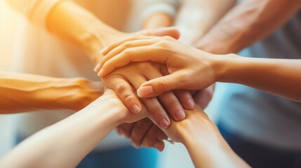 Panoramic Teamwork,empathy,partnership and Social connection in business join hand together concept.Hand of diverse people connecting.Power of volunteer charity work,Stack of people hand. - obrazy, fototapety, plakaty