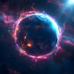 Starburst neon sparks nebula planet surface on a space background. High quality
