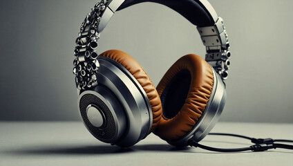 Headphones on neutral background. Technology, music and party concept. Copy space.