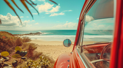 Vintage Car Overlooking Serene Beach - Space for Copy or Quote