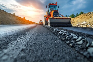 Construction Vehicle Driving Down Road Next to Pile of Dirt, laying new asphalt pavement