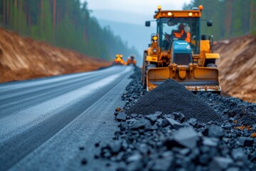 Bulldozer Driving Down Road With Pile of Dirt, laying new asphalt pavement