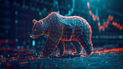 Digital Bear on Stock Market Background - Low Poli 3D - obrazy, fototapety, plakaty
