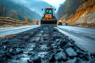 Bulldozer Driving Down Mountain Road, laying new asphalt pavement