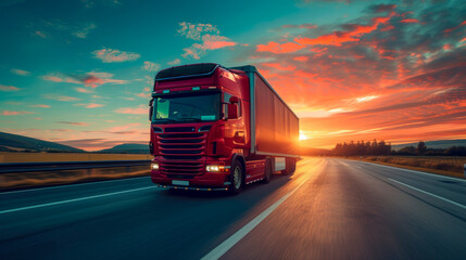 Sunset Highway Journey with Red Freight Truck