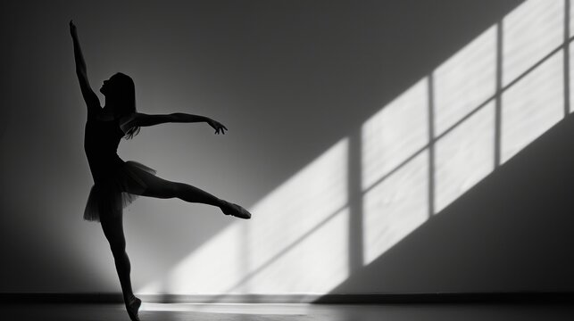  a black and white photo of a ballerina in the middle of a dance pose, with the shadow of a window on the wall and the floor behind her.